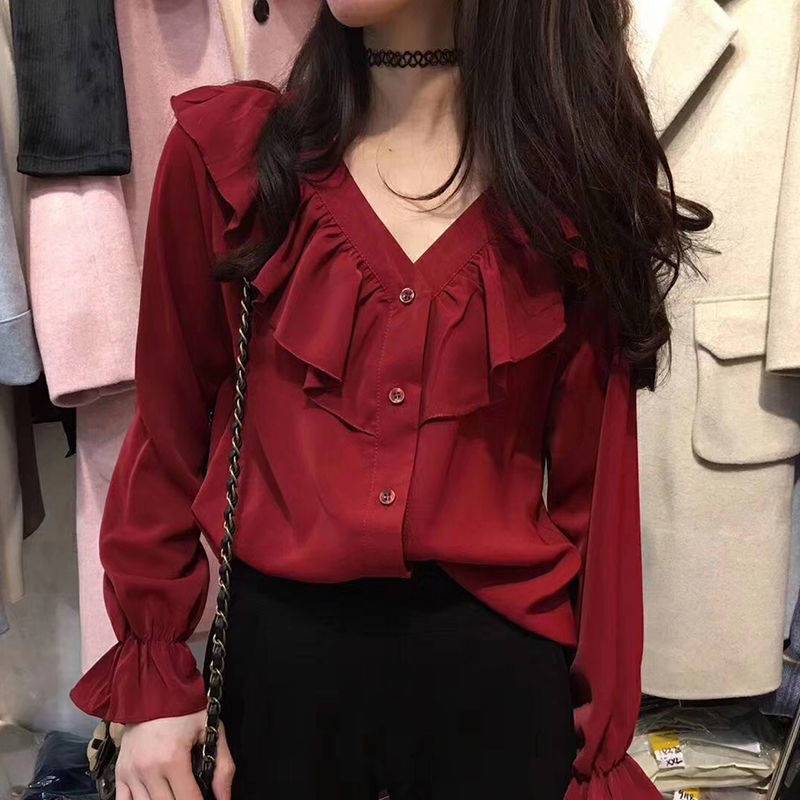 Belly covered chiffon shirt foreign style Ruffle Top Wine Red show thin super fairy V-Neck long sleeve shirt women's spring and Autumn