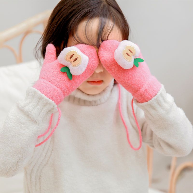 儿童手套保暖冬季0-3-6-9岁加绒加厚男女通用挂脖可爱手套wy