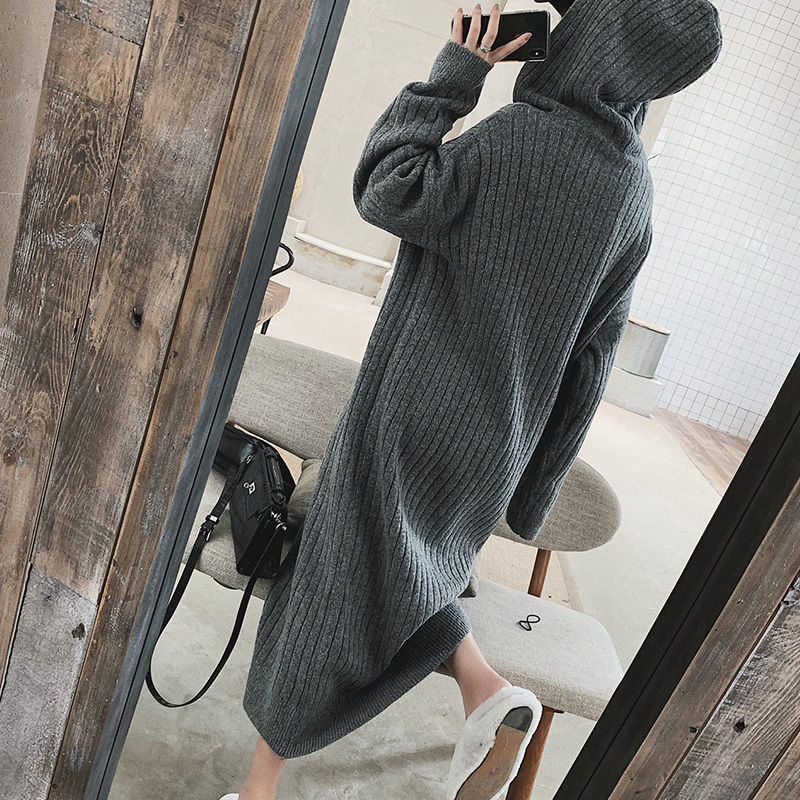 Over the knee hooded T-shirt women's autumn and winter new mid long loose and lazy fur dress long thickened dress