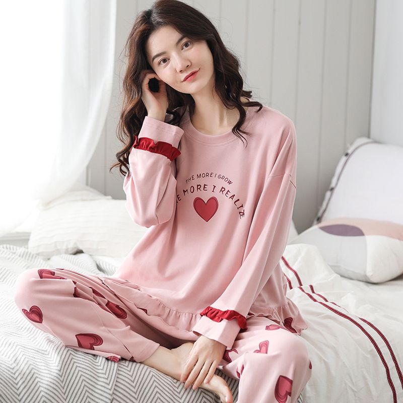 100%双面睡衣女纯棉长袖春秋季女士休闲套装秋冬全棉女式家居服【3月9
