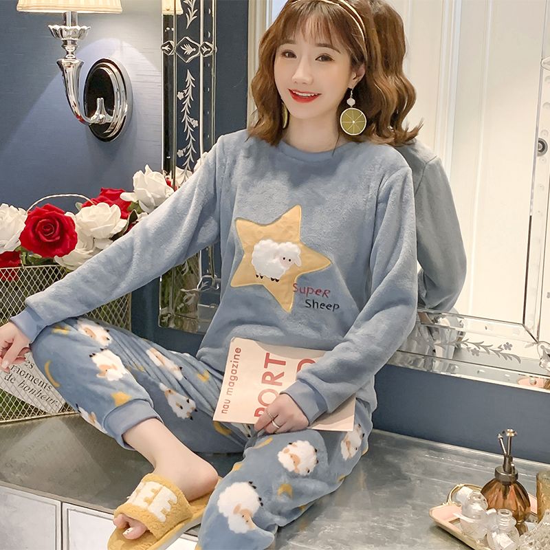 Autumn and winter flannel pajamas women long sleeve warm suit women lovely cartoon thickened coral velvet pajamas female winter