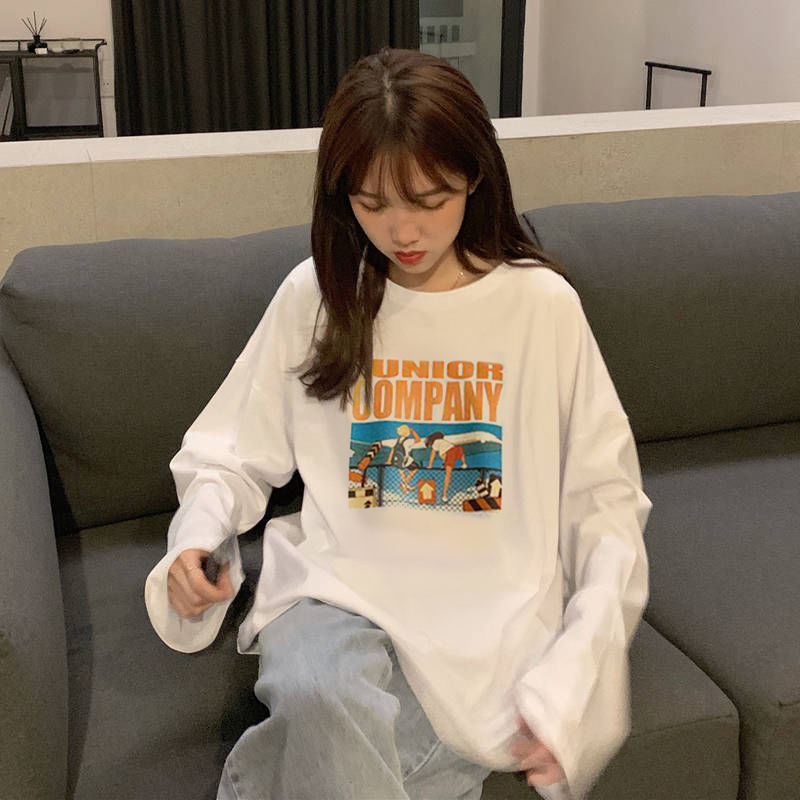 2021 spring printed Long Sleeve T-Shirt New Female top student loose Korean version with white base coat