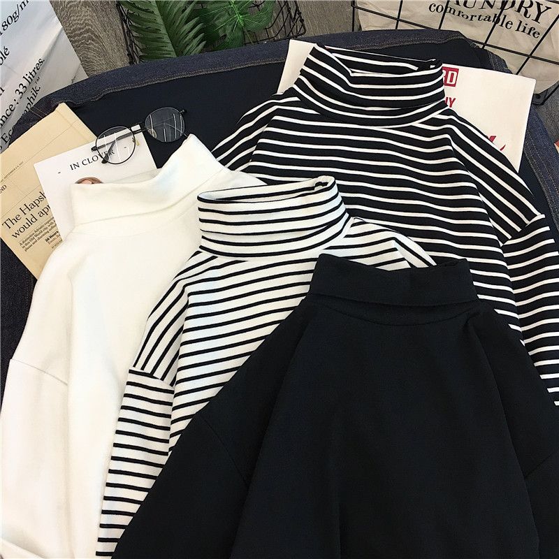 New style with foreign style high collar striped Plush bottomed shirt for women autumn winter long sleeve autumn T-shirt for women fashion