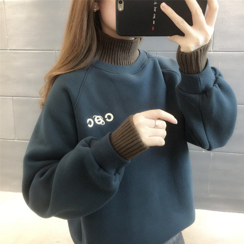 加絨衛衣女2022秋冬新款半高領假兩件寬鬆韓版加厚時尚上衣外套潮