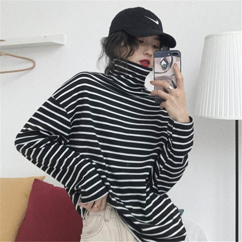 Black and white striped high collar long sleeve T-shirt for women's autumn and winter Plush bottomed shirt for women