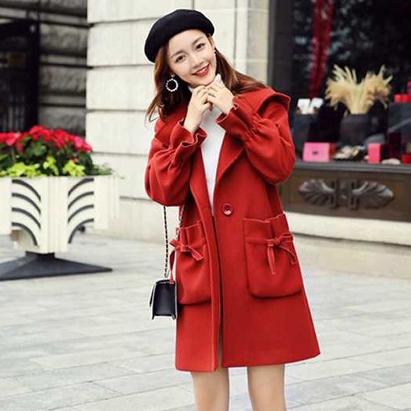 红色毛呢外套女2021新款女装气质秋冬季韩版宽松中长款呢子大衣女