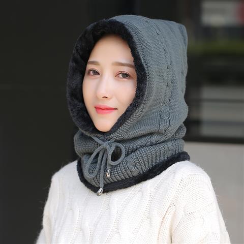 Hat women's autumn and winter knitted hat plus velvet warm wool pullover hat women's cycling windproof hat scarf integrated hat