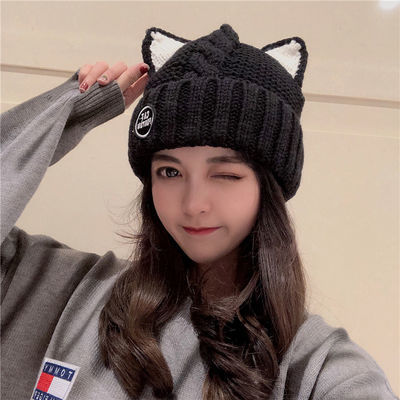 105147/日系可爱猫耳朵针织毛线帽女秋冬韩版学生百搭加绒保暖护耳包头帽