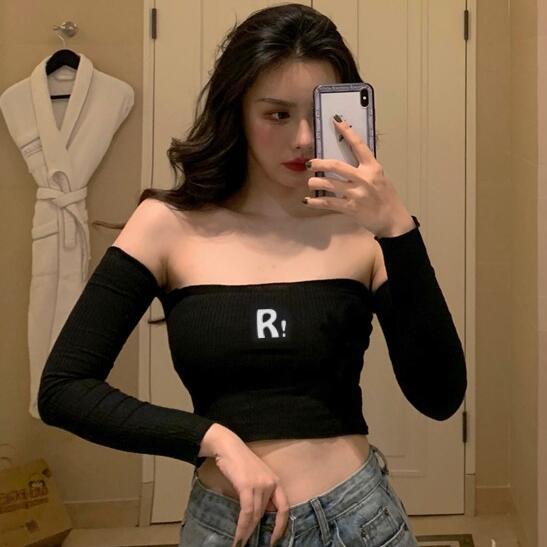 Summer long-sleeved short high-waisted umbilical-baring tight-fitting t-shirt feminine tube top one-shoulder top autumn thin inner wear