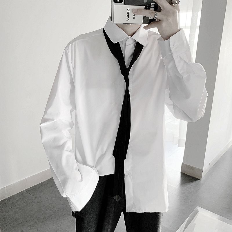 高品质含棉~白色衬衫男潮流帅气男装新款潮ins百搭长袖衬衣男