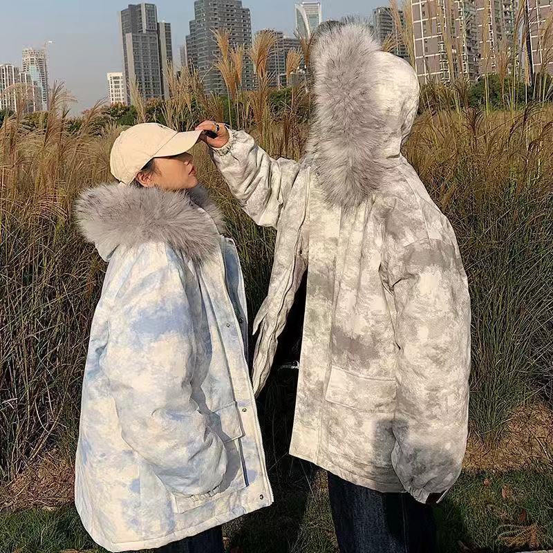 Roora couple's cotton padded clothes winter clothes ins super fire big hair collar tie dyed cotton clothes women's bread clothes Korean loose coat