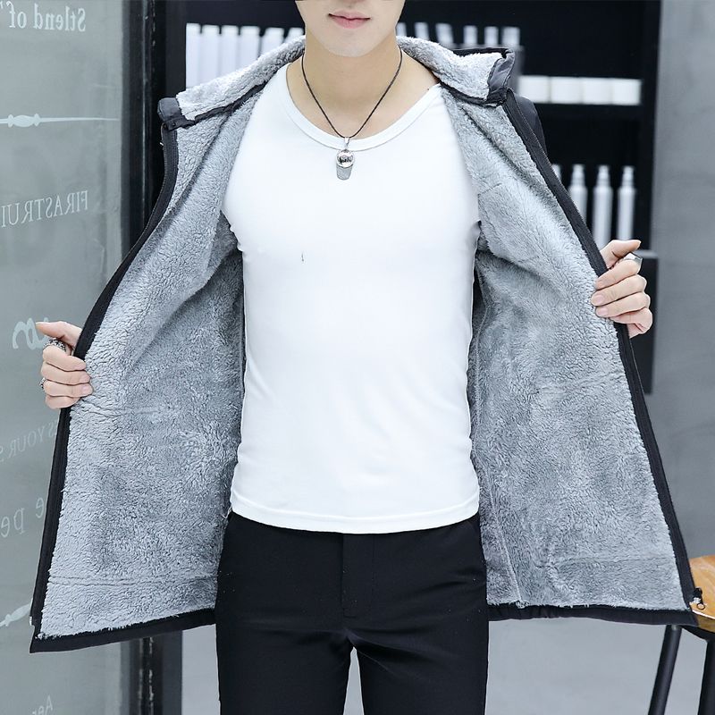 Student windbreaker men's autumn and winter coat Plush thickening youth Korean hooded casual windbreaker trend slim fitting cotton clothes
