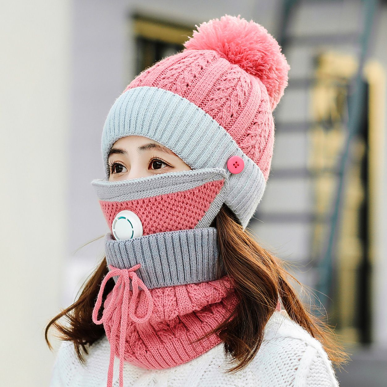 热销帽子女冬天加绒加厚骑车防风帽啊保暖护耳帽围脖冬季防寒毛线