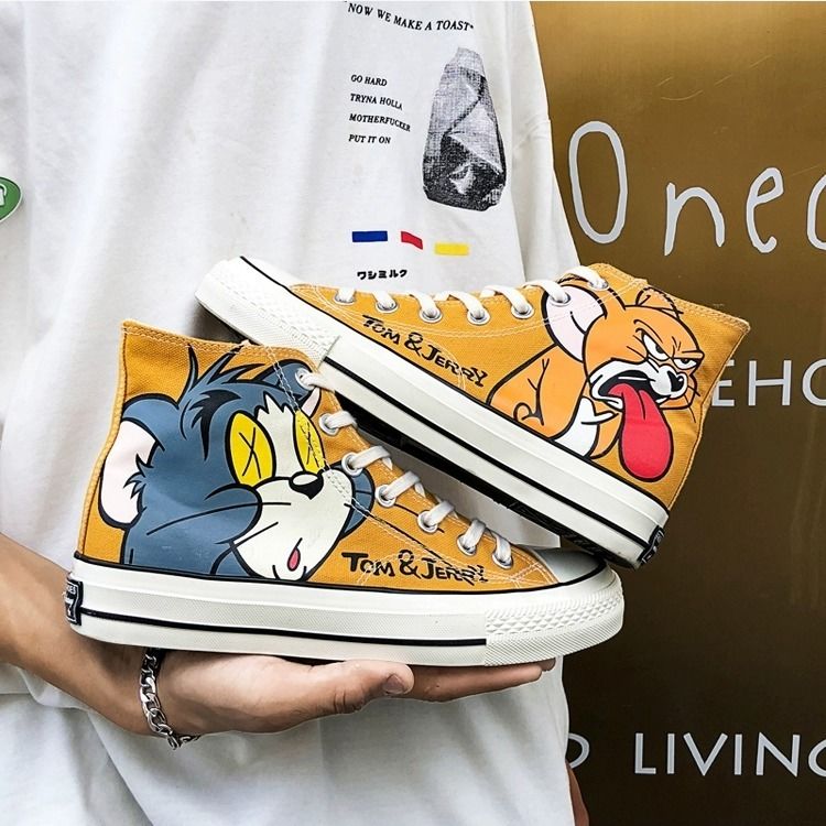 猫和老鼠涂鸦高帮帆布鞋女学生韩版2021新款百搭卡通手绘板鞋子潮