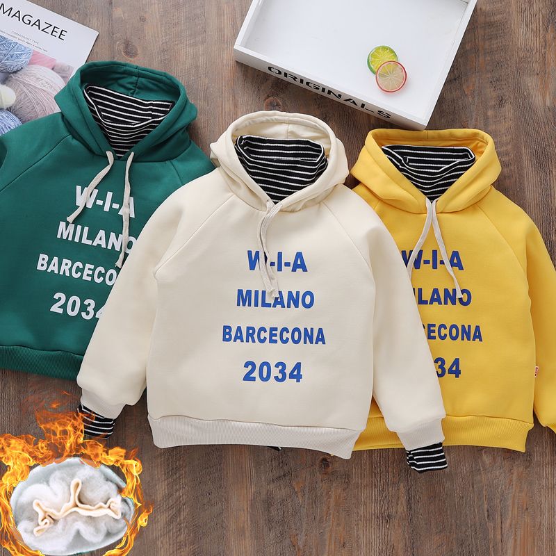 Children's new winter 2019 Korean version trend versatile warm Hooded Sweater boys and girls Plush fake two piece set