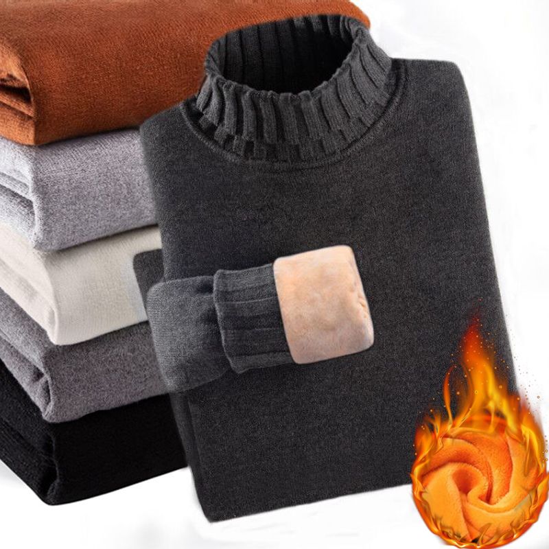 Men's turtleneck sweater, thickened velvet, winter youth thermal tops, mid-collar Korean style trendy knitted bottoming shirt