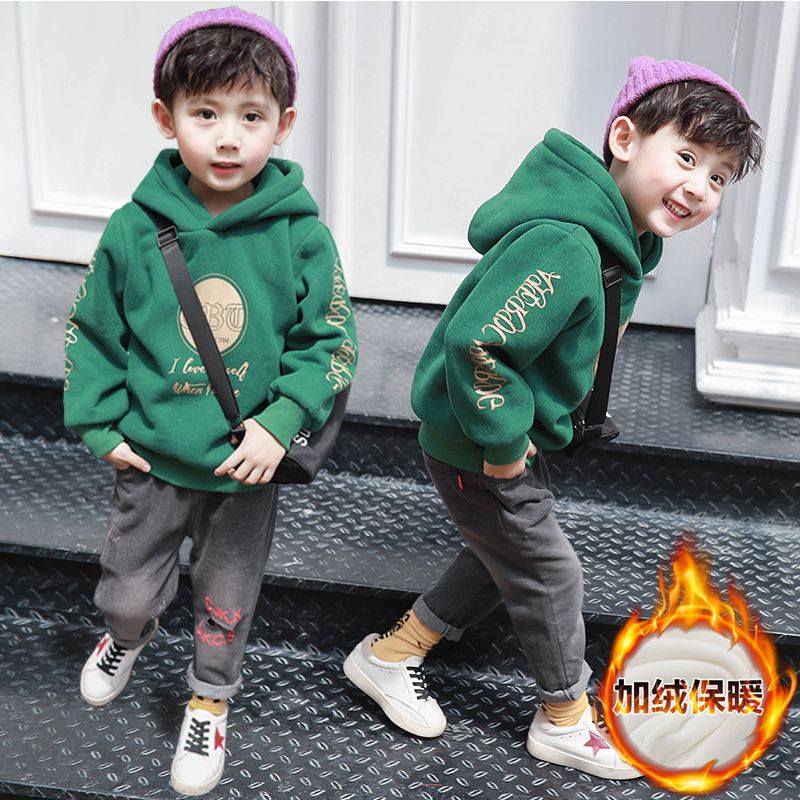 Boys' autumn and winter clothes Plush sweater 2020 new Korean version of children's hooded thickened top children's clothing winter trend