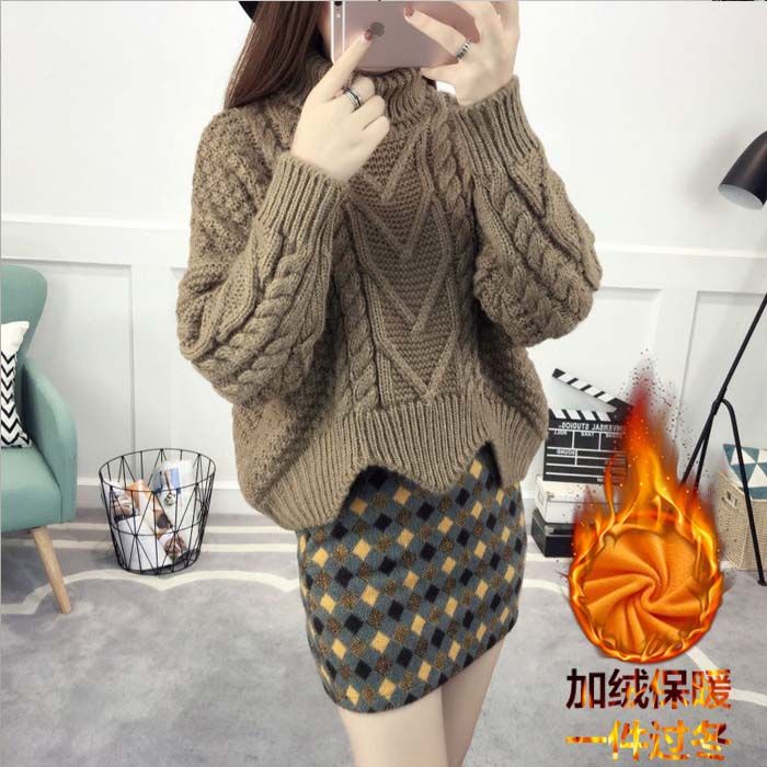 With velvet/without velvet autumn and winter Korean style loose turtleneck pullover sweater female students short thick woolen coat thick