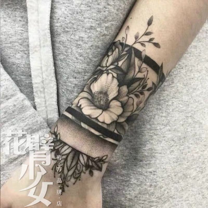 花臂少女tattoo D144 暗黑手腕臂环花朵叶子线条浮世绘黑白纹身贴 虎窝拼