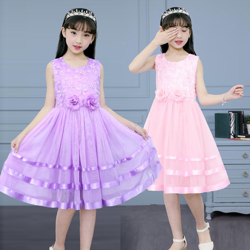 女童连衣裙公主裙2023夏季新款演出礼服裙子女孩中大童两朵花彩条