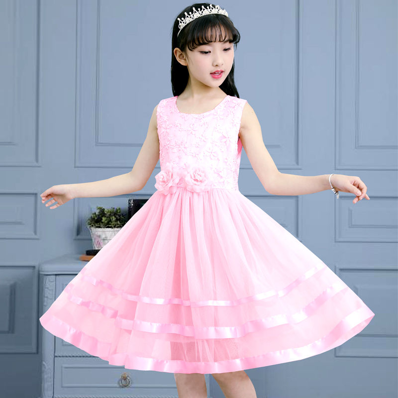 女童连衣裙公主裙2023夏季新款演出礼服裙子女孩中大童两朵花彩条