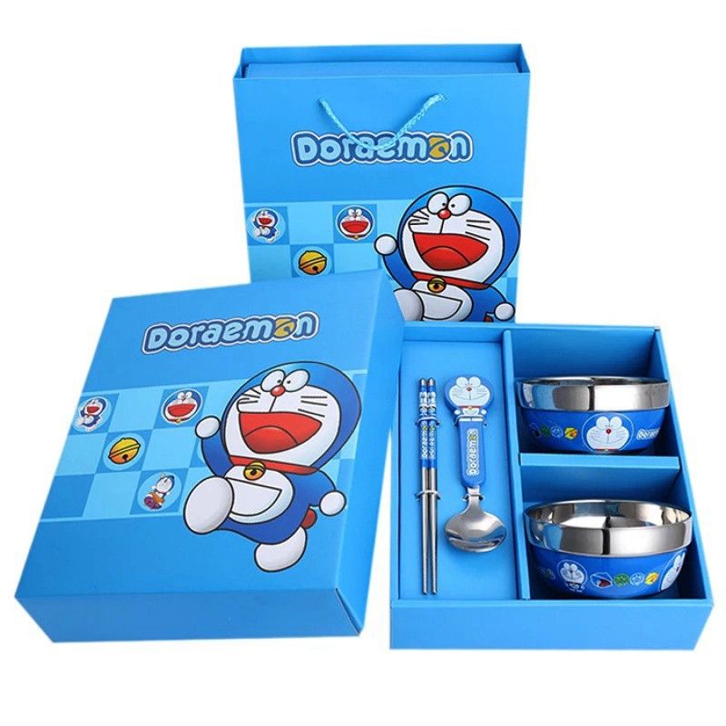 Stainless steel children's cartoon bowl and chopsticks set baby anti falling and anti scalding cute KTV cat tableware Doraemon gift box