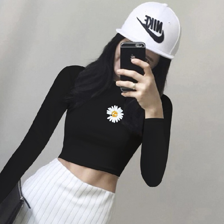 Early spring new tight-fitting t-shirt female students high waist exposed navel long sleeve inner slim top autumn black short t-shirt