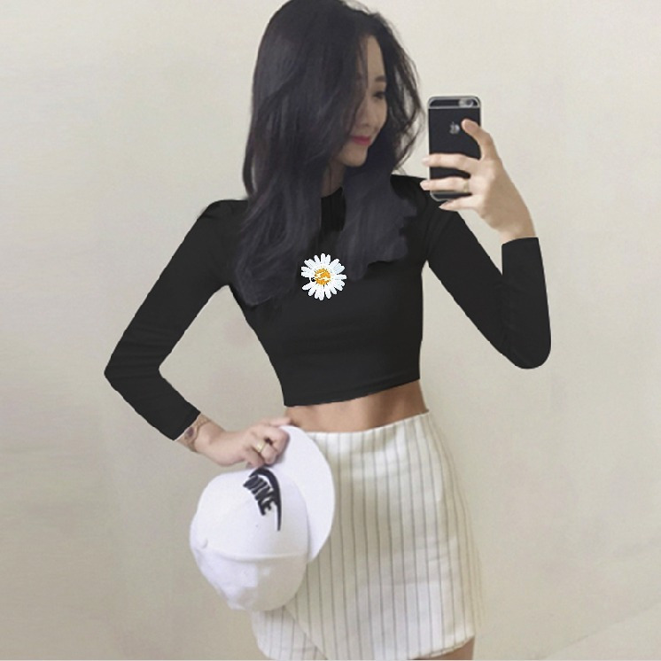 Early spring new tight-fitting t-shirt female students high waist exposed navel long sleeve inner slim top autumn black short t-shirt