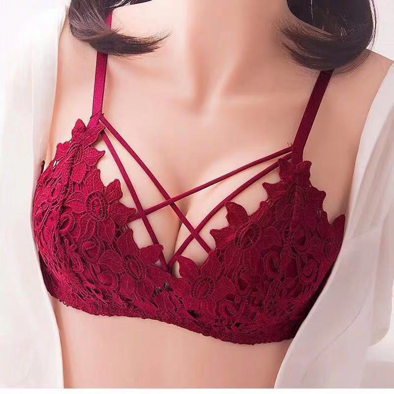 Lingerie women's thin sexy rimless lace back girl brassiere set gathered big chest anti droop bra