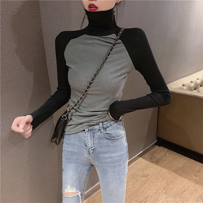 High-necked bottoming shirt women's spring and autumn Korean version of slim-fit shirt demon red inner long-sleeved t-shirt stacked collar tight top