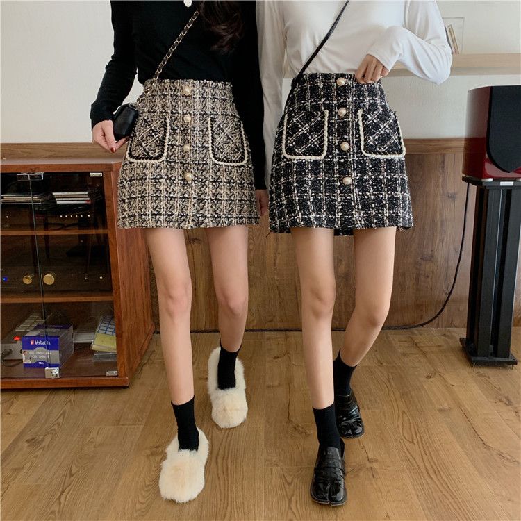 Small fragrant fur plaid skirt short skirt A-line skirt half skirt women autumn winter 2019 new high waist with sweater fashion