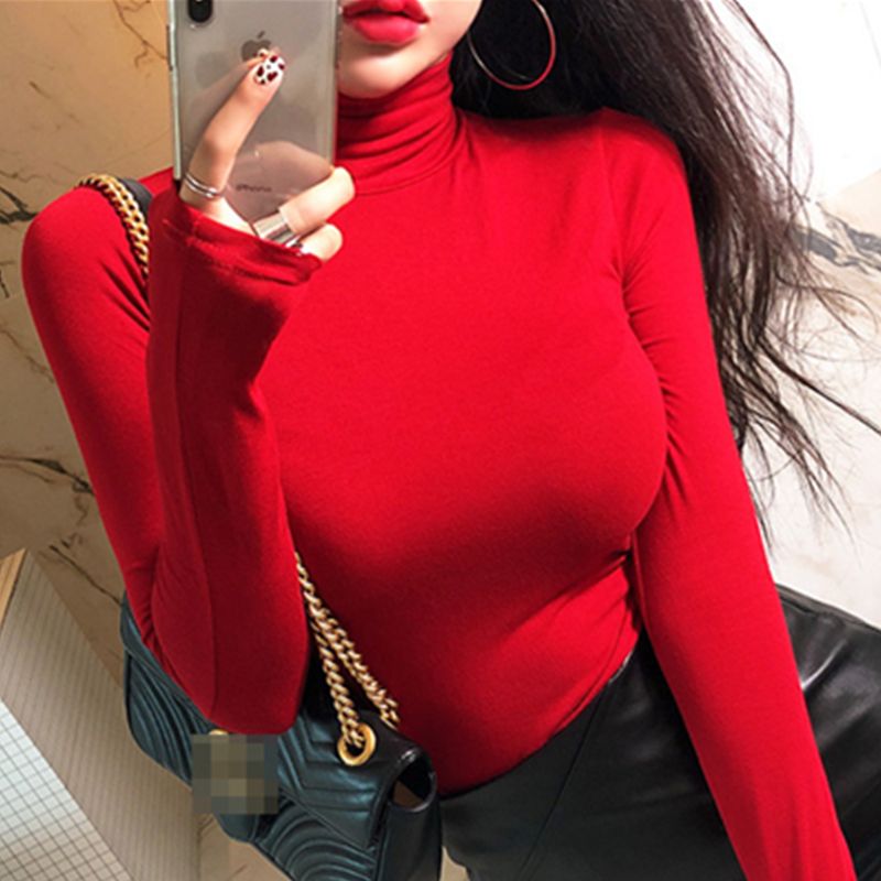 High-necked bottoming shirt women's spring and autumn Korean version of slim-fit shirt demon red inner long-sleeved t-shirt stacked collar tight top