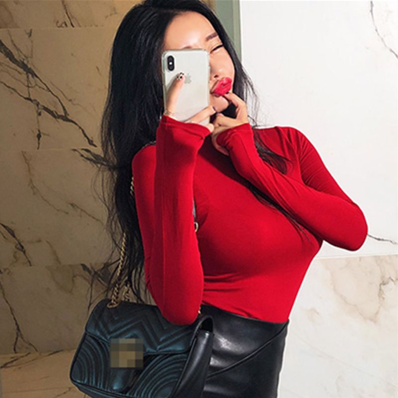 High-necked bottoming shirt women's spring and autumn Korean version of slim-fit shirt demon red inner long-sleeved t-shirt stacked collar tight top