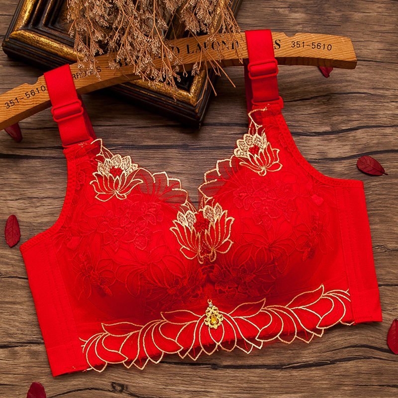 Birth year wedding season bright red festive lace with side breasts small chest support no steel ring bra anti-sagging adjustment type