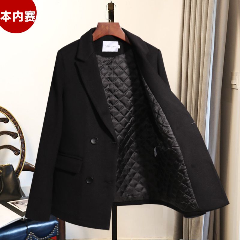Thick woolen blazer women's 2019 new autumn and winter Korean style waist-cinching black cotton women's suit