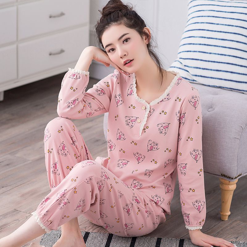 100% double-sided pure cotton pajamas women's spring and autumn long-sleeved large size Korean home service suit students summer confinement clothing winter