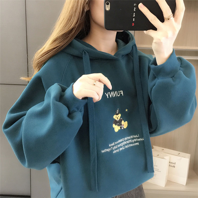 2020秋冬季新款韩版宽松加厚加绒卫衣女连帽刺绣卡通网红外套上衣