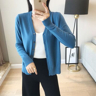 2019新款羊针织衫女开衫短款长袖毛衣v领宽松纯色外搭开衫外套