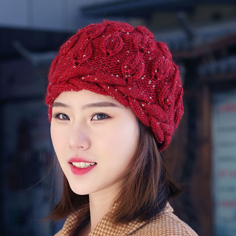 帽子女冬季羊毛线帽绒布衬滑雪甜美护耳帽包头帽加厚帽女士针织帽