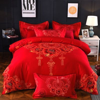 婚庆大红色被套床上用品结婚被套床单2.0双人1.8m简约卡通加厚款