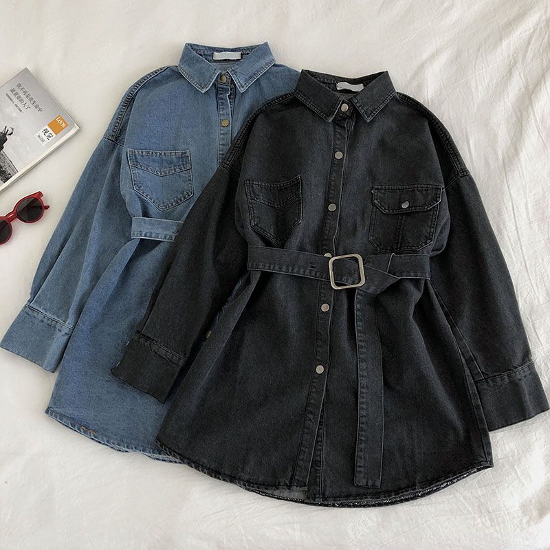 Winter new Korean fashion loose Lapel single breasted lace up mid length denim dress