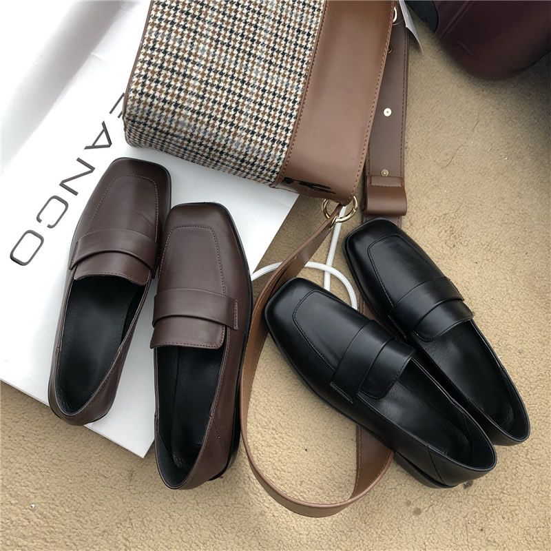 2020 spring new small leather shoes women's flat sole single shoes Korean flat heel lazy shoes Square Head British style women's shoes