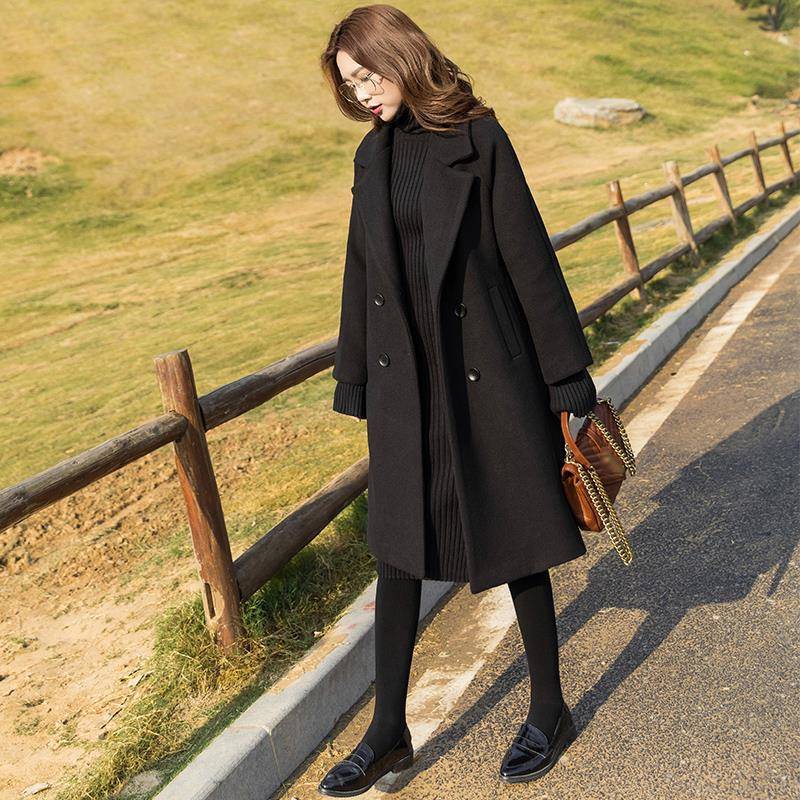 Winter black thickened tweed coat women's middle long 2020 Korean new Hepburn spring and autumn woollen coat fashion