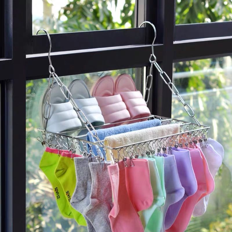 Stainless steel balcony clothes rack storage dormitory artifact drying sock rack multifunctional shoe rack folding clothes rack