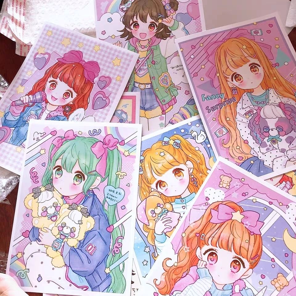 儿童动漫甜美可爱风临摹卡片中小学绘画卡通人物漫画卡