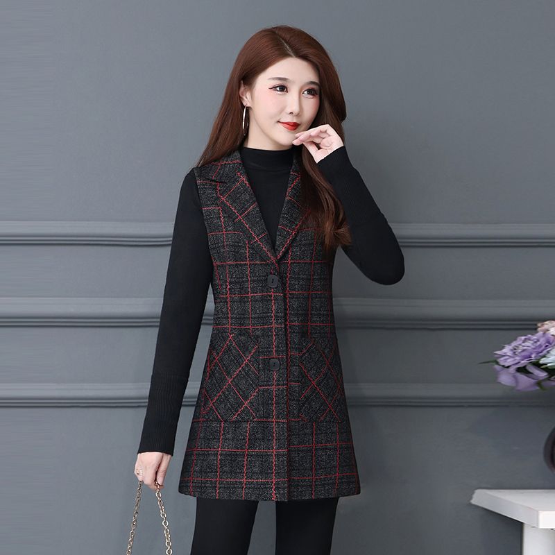 中老年女装春秋季中长款格子马甲背心中年妈妈装马夹大码坎肩外套