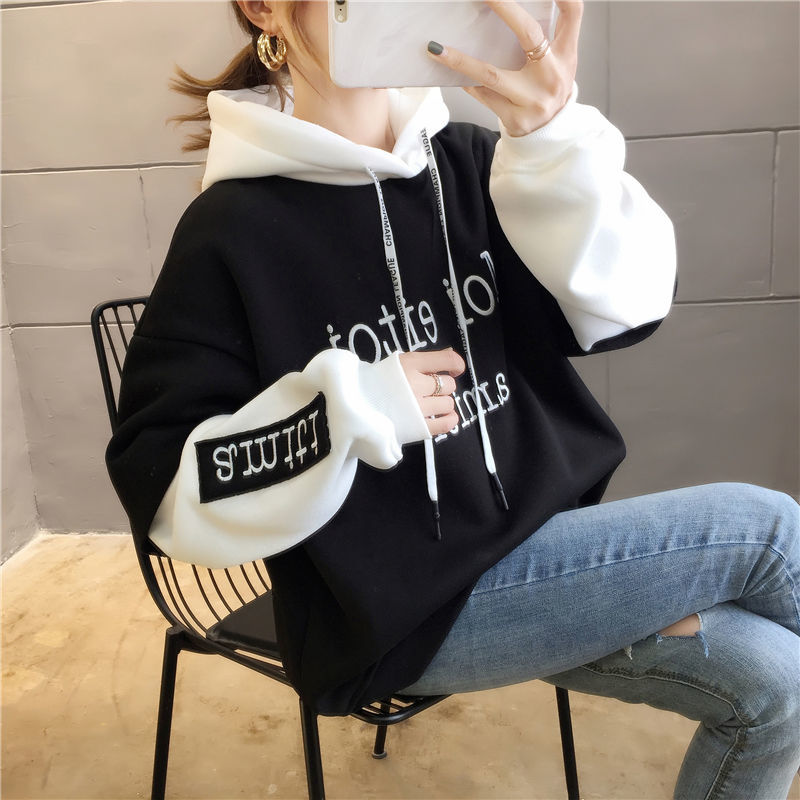 Thin / plush new fake two piece Korean student loose long sleeve top coat Hooded Sweater female fashion