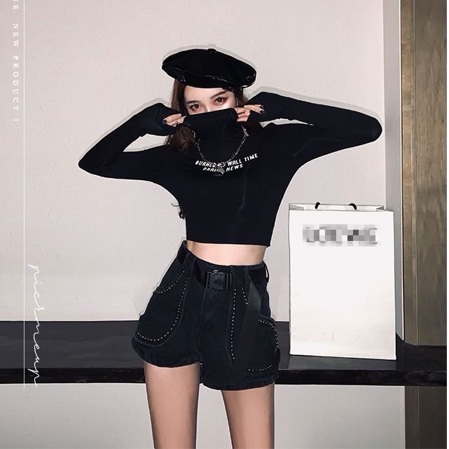 Ins Korean fan trend two lapels high waist short tight-fitting t-shirt women's spring and autumn models slim high-necked long-sleeved bottoming shirt winter