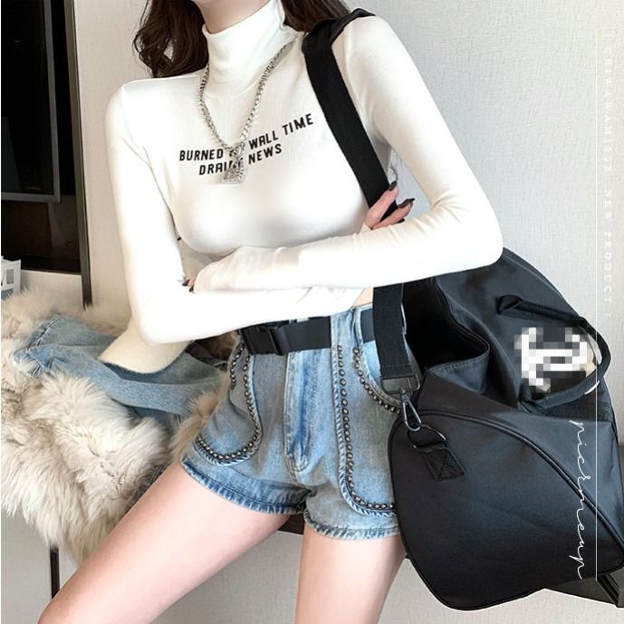 Ins Korean fan trend two lapels high waist short tight-fitting t-shirt women's spring and autumn models slim high-necked long-sleeved bottoming shirt winter