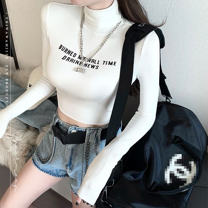 Ins Korean fan trend two lapels high waist short tight-fitting t-shirt women's spring and autumn models slim high-necked long-sleeved bottoming shirt winter